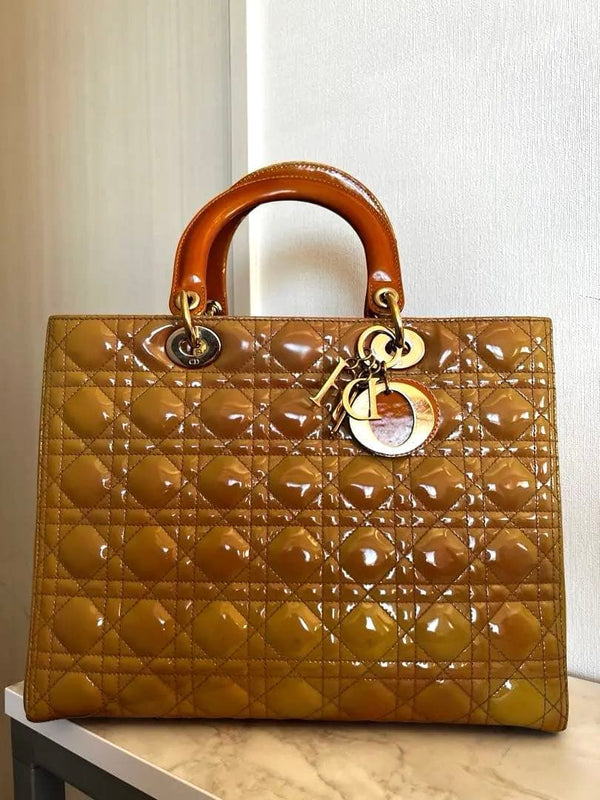Christian Dior Lady Dior Cannage Handbag Patent Leather Enamel Mustard