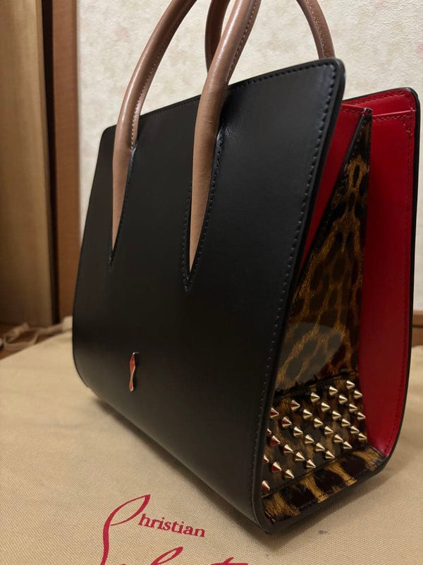 Paloma Handbag Leopard Print Studs Leather Black Red