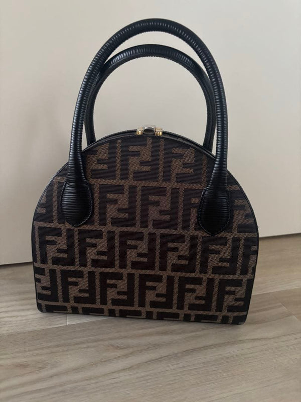 Fendi Ff Logo Handbag Tote Shoulder Bag Brown Black Gold Hardware