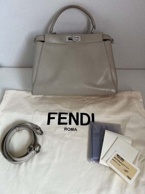 Fendi Peekaboo Regular Handbag Shoulder Bag Beige Leather