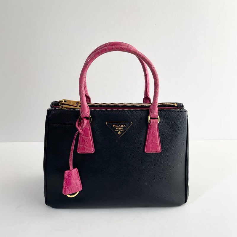 Prada Galleria Handbag Saffiano Croc Embossed Leather Black Magenta Gold