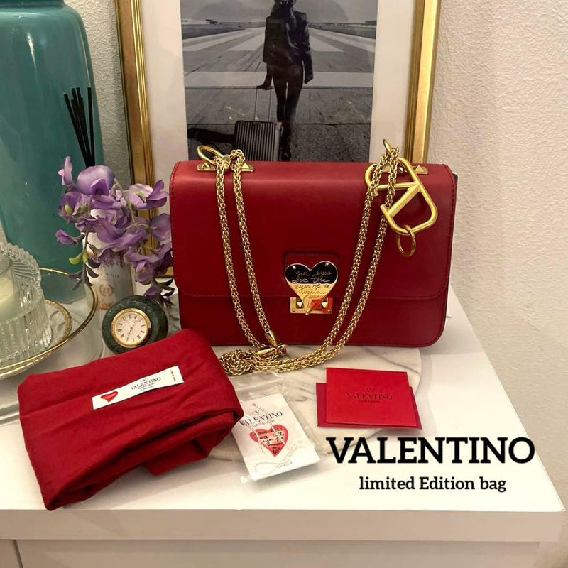 Valentino Lamour Heart Lock Shoulder Bag Red Lambskin Gold Studs