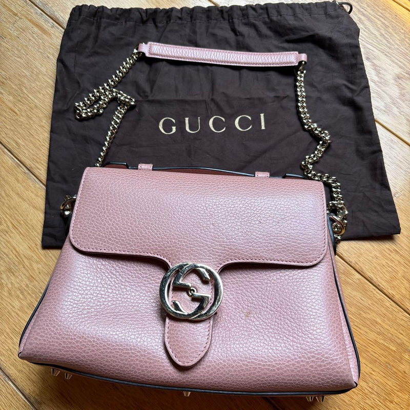 Gucci Interlocking G Chain Shoulder Bag Leather Pink Beige