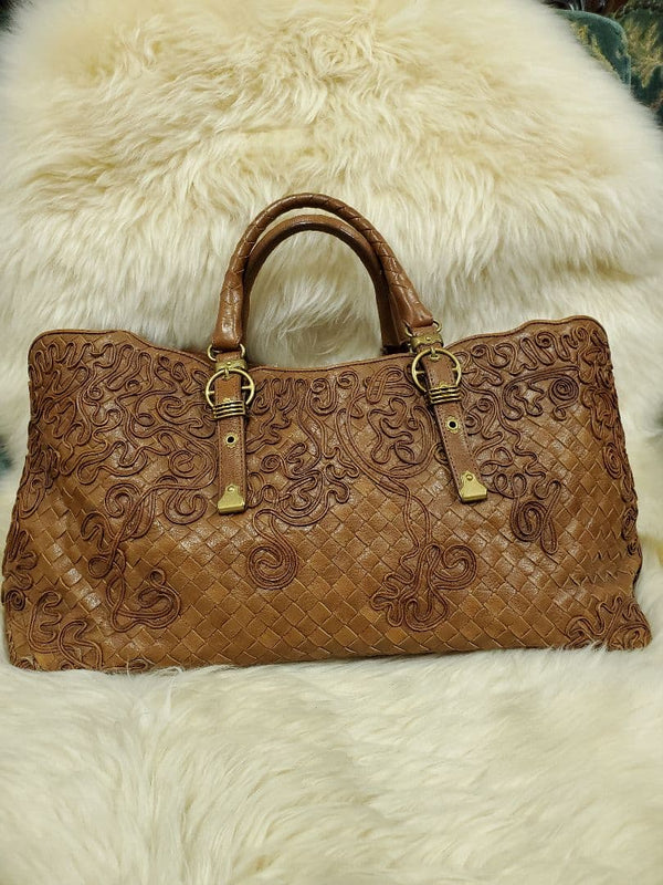 Bottega Veneta Intrecciato Handbag Leather Brown Gold Hardware Double Handle