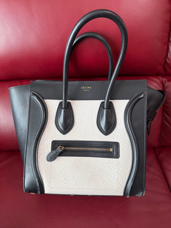 Celine Luggage Handbag White Black Leather Gold Hardware Tote Bag