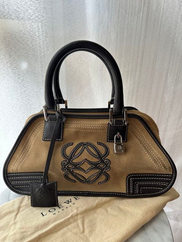Loewe Handbag Suede Leather Brown Key Lock Purse Contrast Stitching