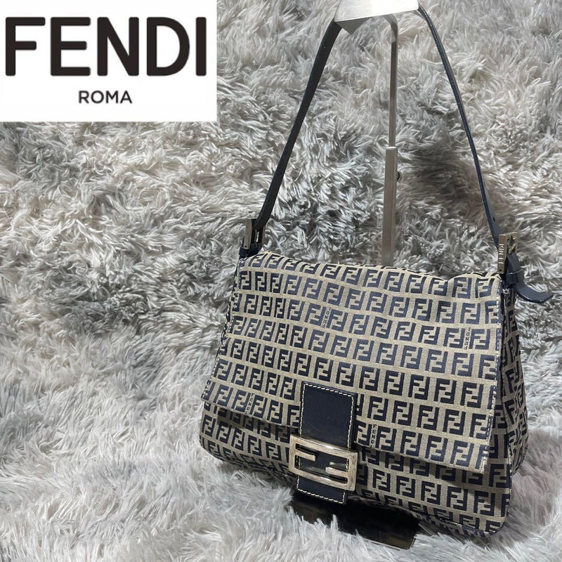 Fendi Mamma Baguette Zucchino Shoulder Bag Beige Canvas