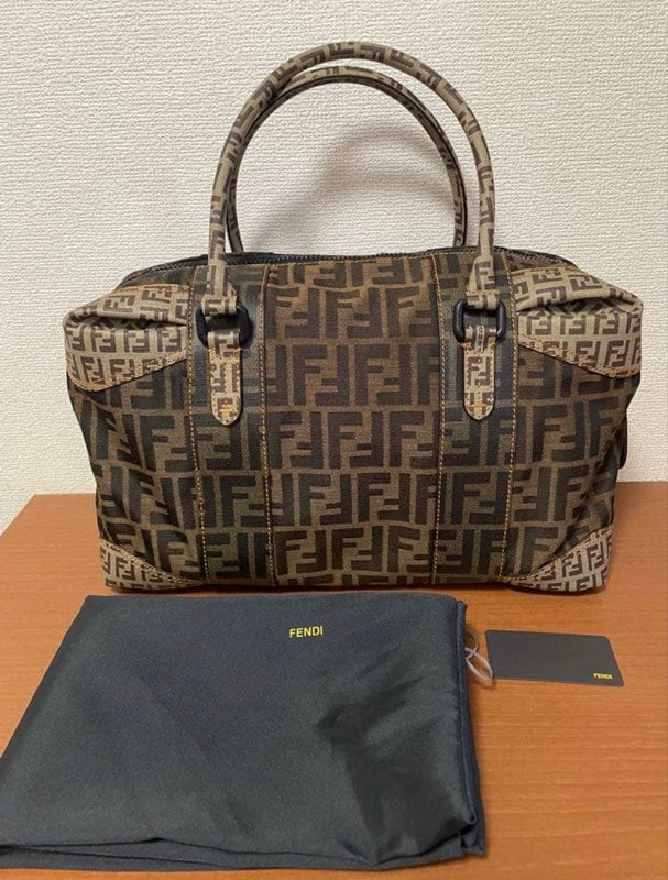 Fendi Zucchino 8BL097 Boston Handbag Canvas Pvc Brown Beige