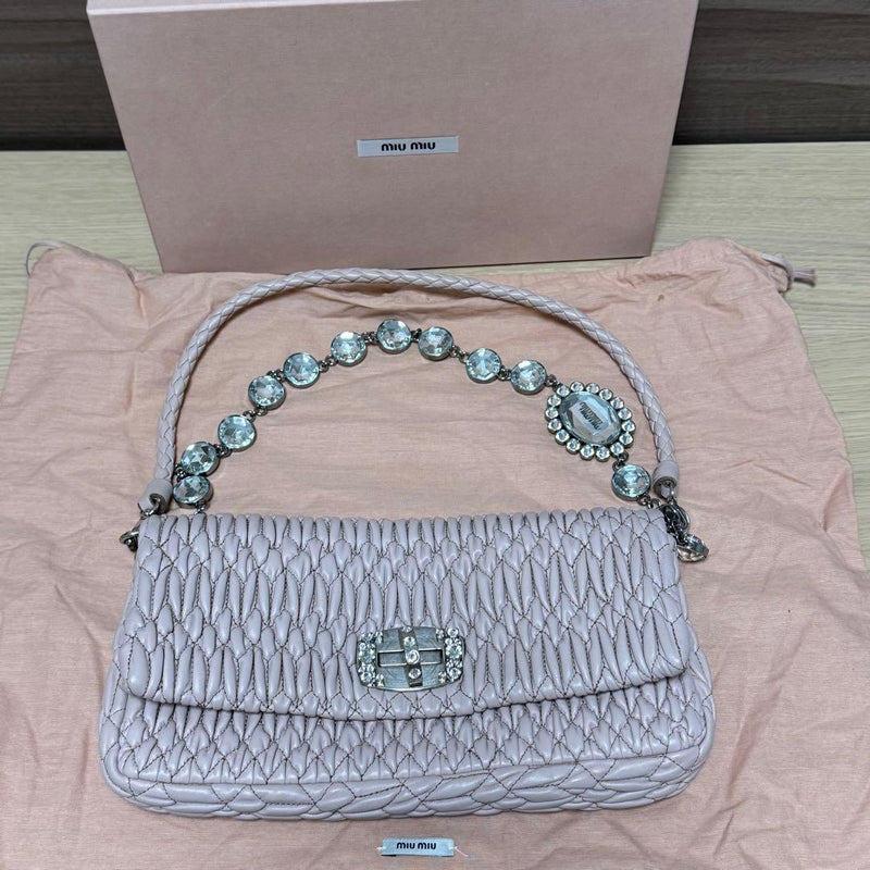 Miu Miu Nappa Crystal Quilted Handbag Shoulder Bag Pink Stone-embellished