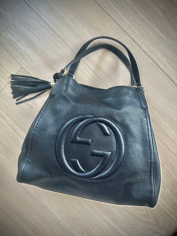Gucci Logo Print Studded Handbag Black Leather Tote Shoulder Bag
