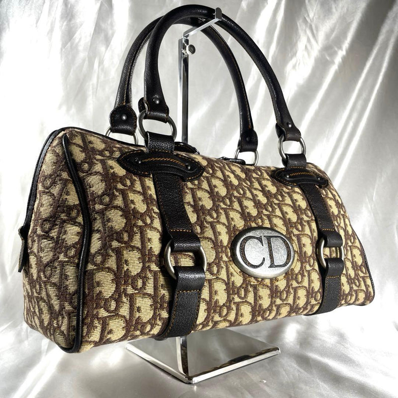 Christian Dior Trotter Boston Handbag Canvas Leather Cd Logo