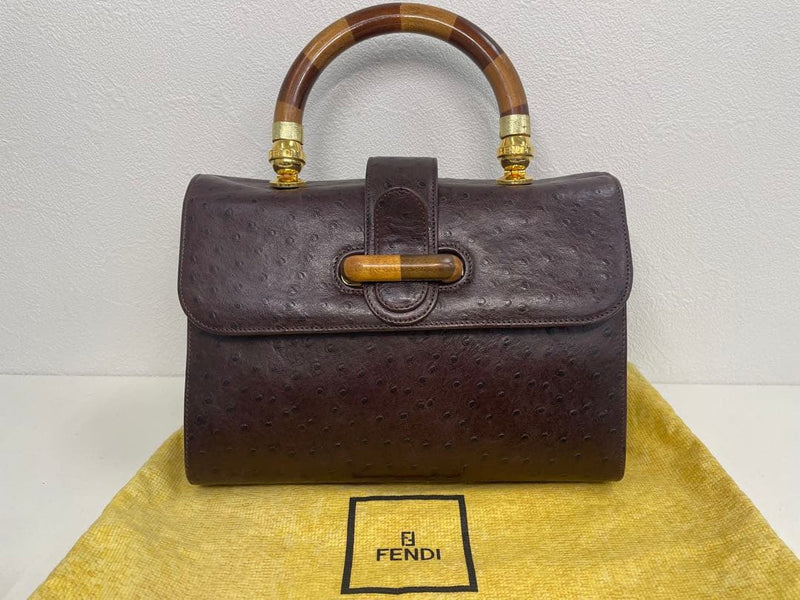 Fendi Ostrich Handbag Pecan Wood Handle Shoulder Bag Womens