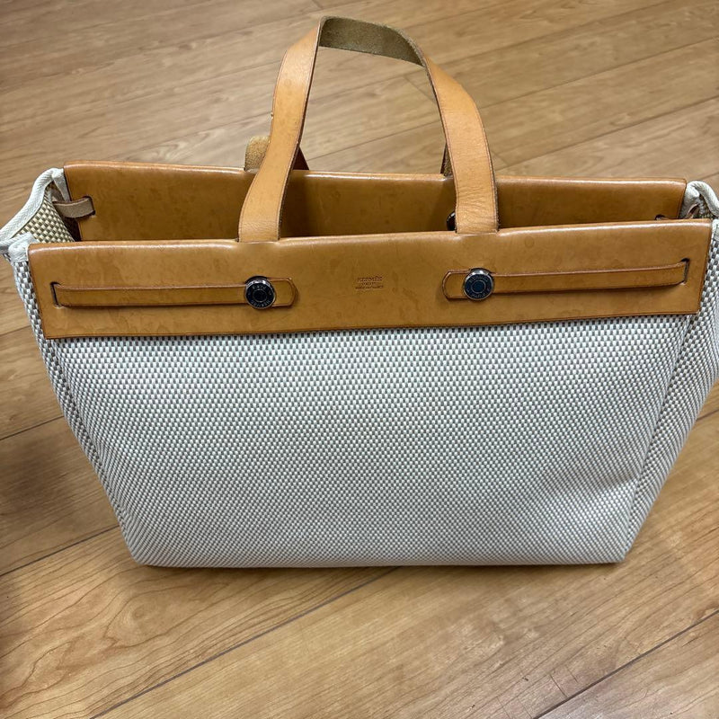Hermes Herbag Cabas Tote Bag Canvas Leather Natural Shoulder Handbag