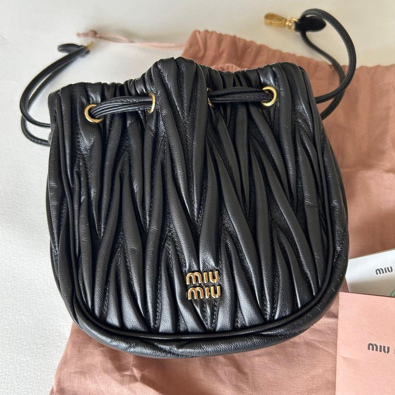 Matelasse Drawstring Pouch Black Nappa Lambskin Leather Clutch