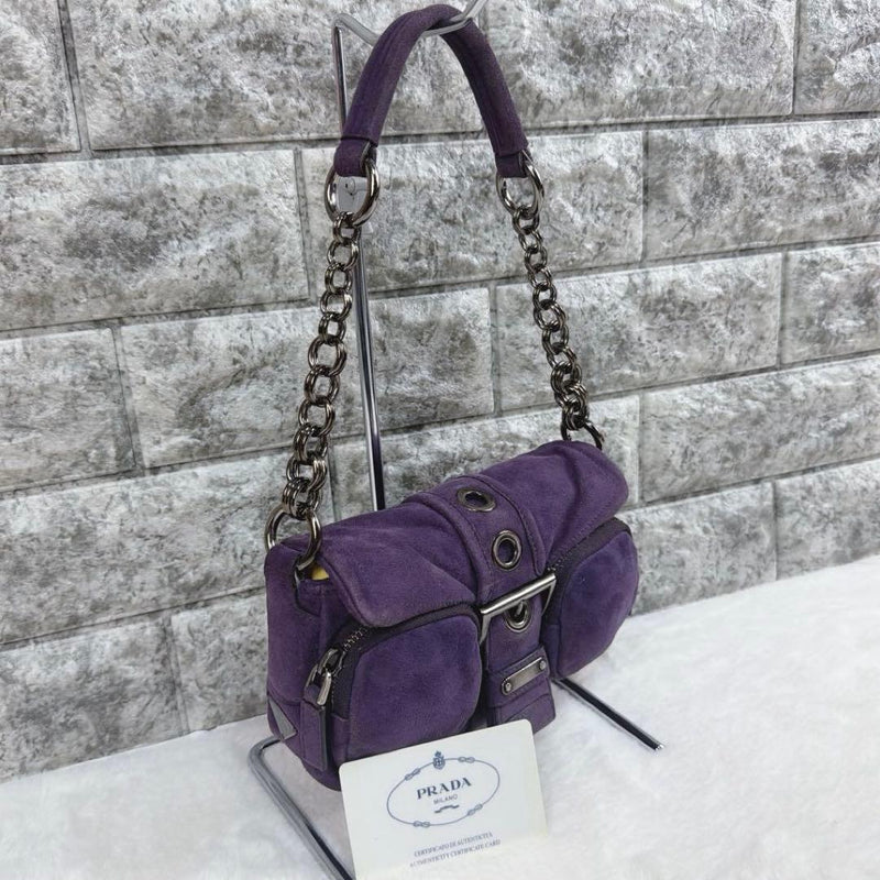 Prada Triangle Logo Chain Shoulder Bag Suede Purple