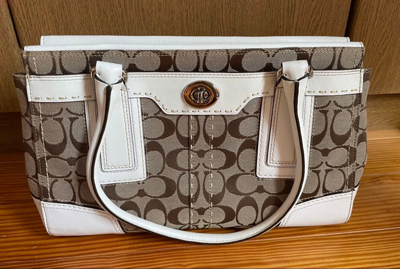 Coach Handbag Tote Brown White Leather Shoulder Bag