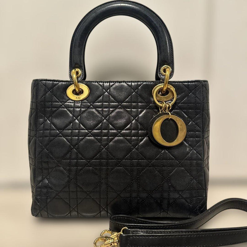 Lady Dior Handbag Black Leather 2-Way Shoulder Bag
