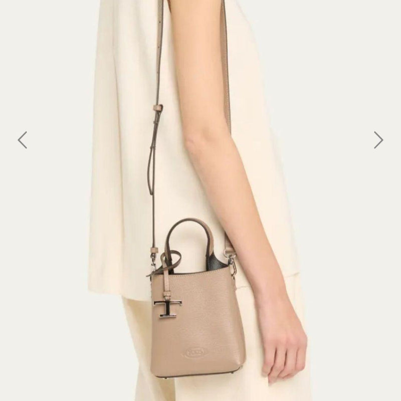 Tods T Timeless Micro 2 Way Bag Hammered Leather Beige Silver Hardware