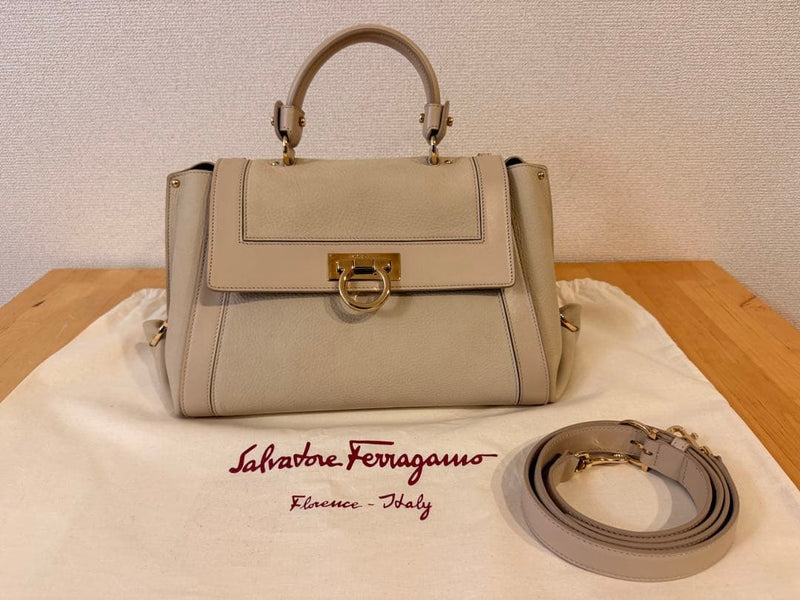 Salvatore Ferragamo Gancini 2-Way Handbag Shoulder Bag Leather Light Beige