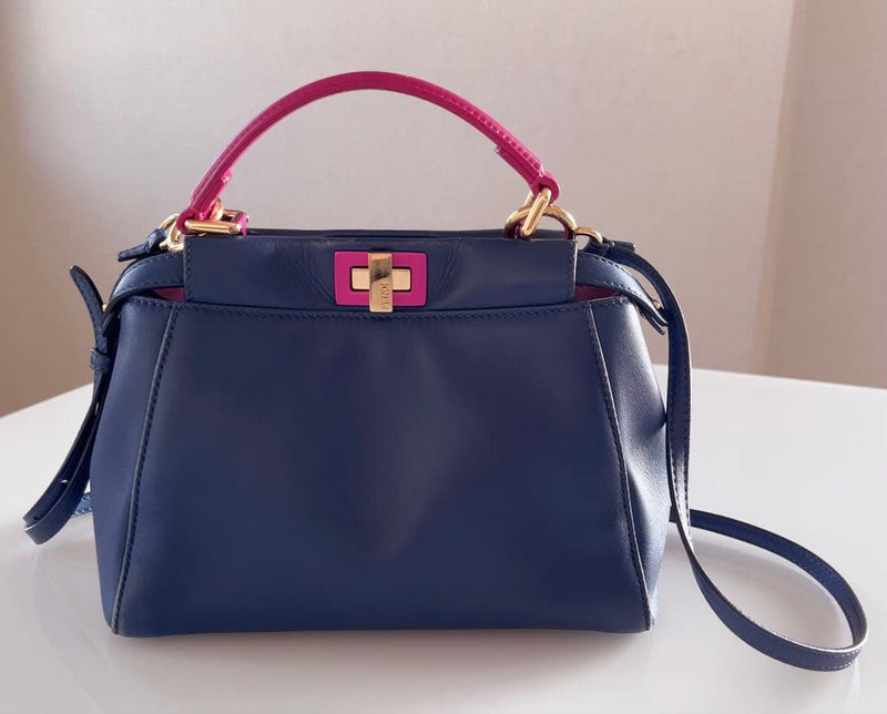 Fendi Peekaboo Handbag Shoulder Bag Leather Navy Pink Gold Hardware