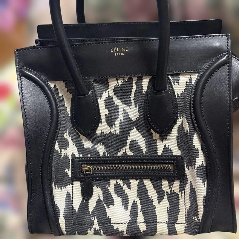 Celine Luggage Phantom Tote Bag Black White Leopard Print Leather Canvas