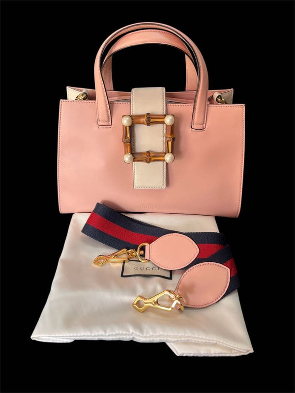 Gucci Nymphaea Shoulder Bag Calf Pink Beige White Bamboo Handle Gold Hardware