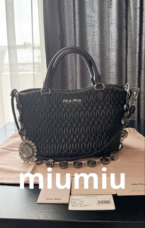 Miu Miu Matelassé Handbag Shoulder Bag Black Leather Silver Hardware