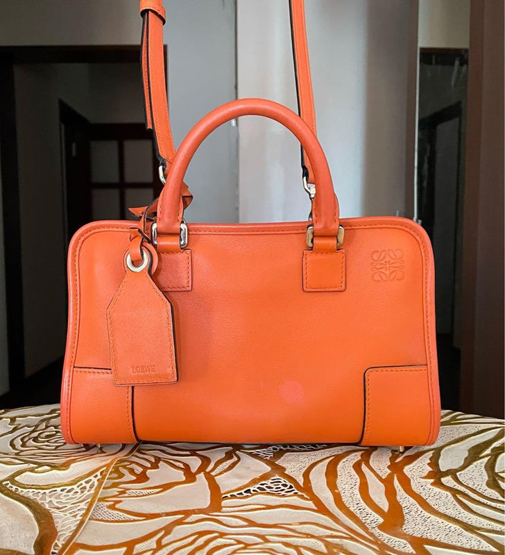 Loewe Amazona 23 Mini Boston Handbag Leather Orange Silver Hardware
