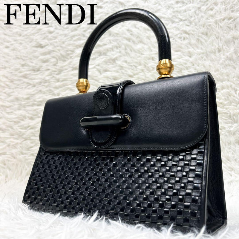 Fendi Intrecciato Top Handle Bag Leather Black Gold Hardware