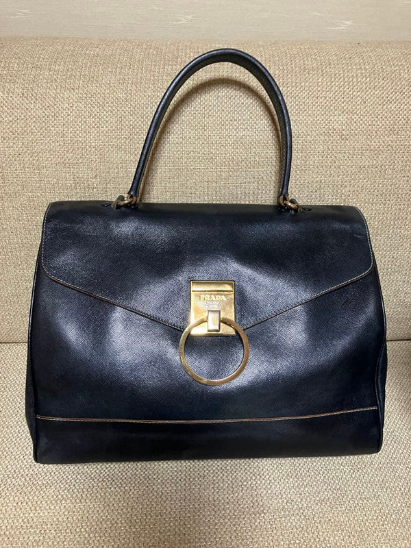 Prada Saffiano Leather Flap Handbag Navy Gold Hardware