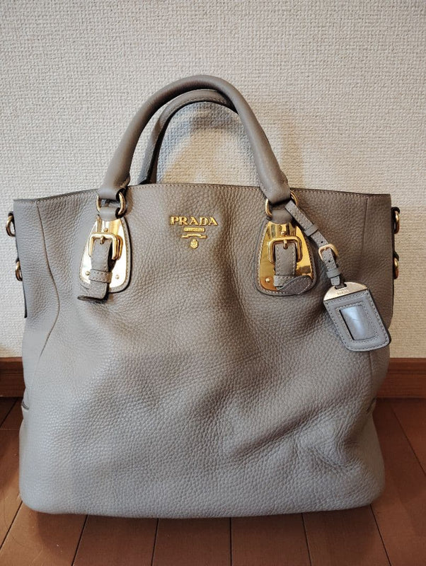 Prada Handbag Shoulder Bag Tote Gray Leather Milano Logo