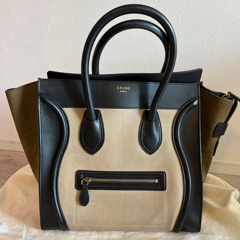 Celine Luggage Mini Shopper Tote Bag Cowhide Suede Leather Beige