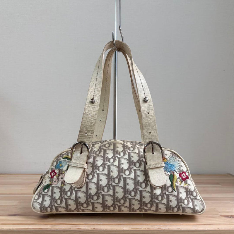 Christian Dior Trotter Mini Boston Bag Tote Handbag Canvas Leather Cream White