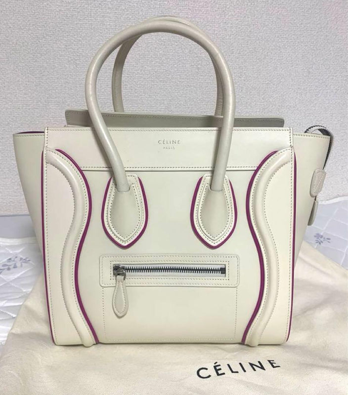 Celine Micro Luggage Handbag Tote Bag Leather White Pink