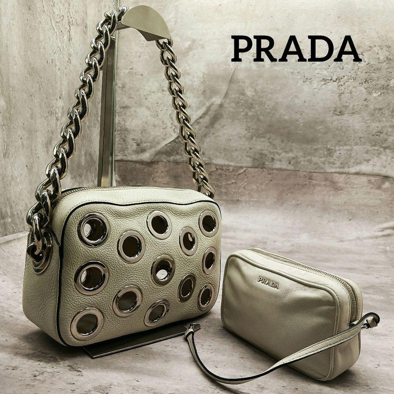 Prada Grommet Punching Chain Handbag Shoulder Bag Leather White