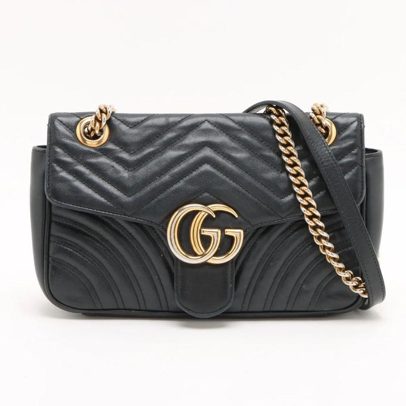 Gucci Quilted Handbag Shoulder Bag Black Leather Gold Hardware