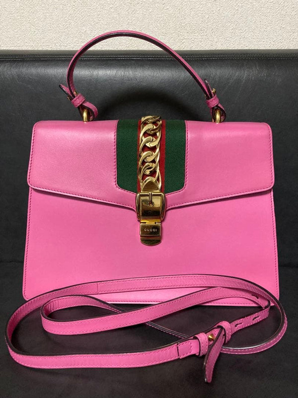 Gucci Sylvie 2way Handbag Shoulder Bag Pink Leather