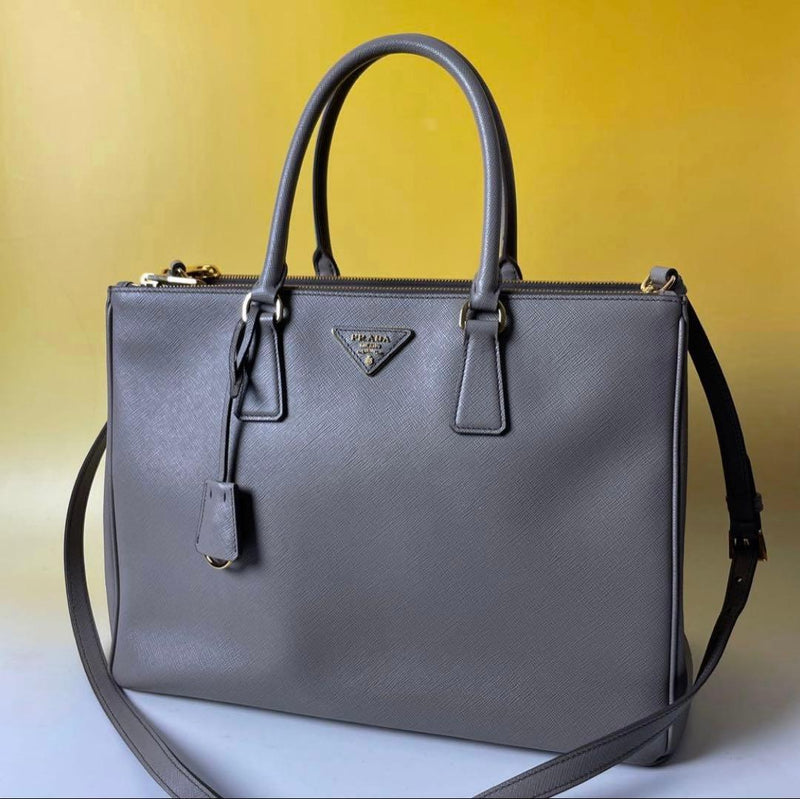 Prada Handbag Shoulder Bag Tote Leather Argilla Gray Metal Fittings