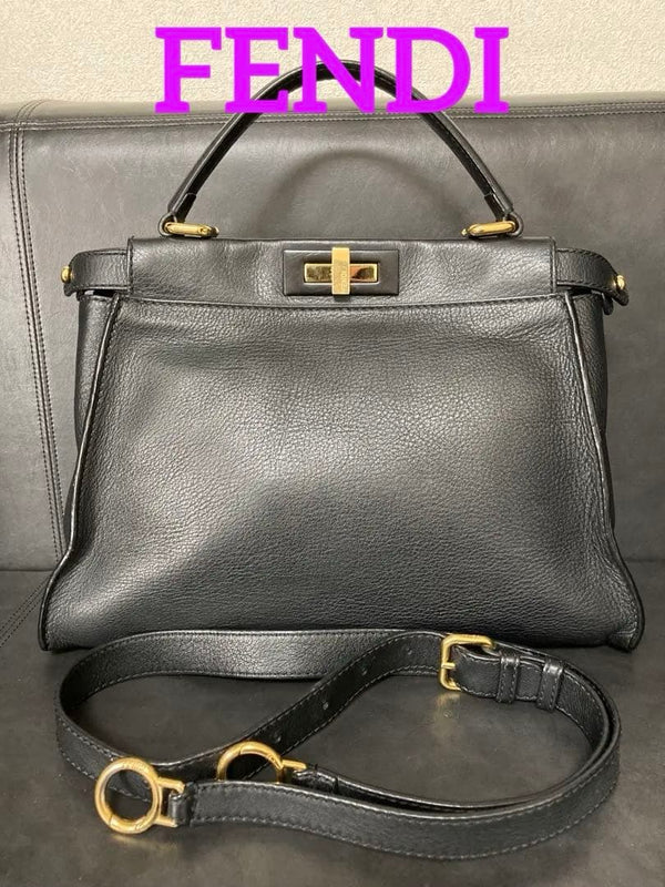 Fendi Peekaboo 2way Shoulder Handbag Black Leather Crossbody Bag