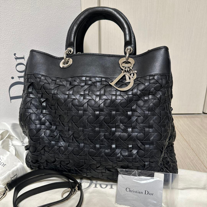 Lady Dior 2-way Handbag Braided Shoulder Strap Black Leather