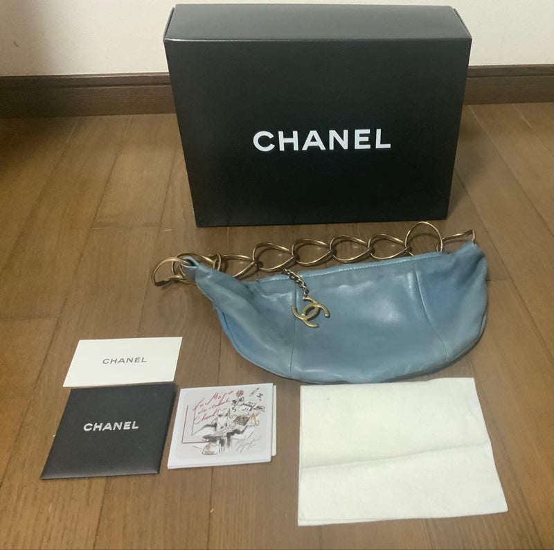 Chanel Handbag Light Blue Leather Gold Chain Tote Shoulder Bag