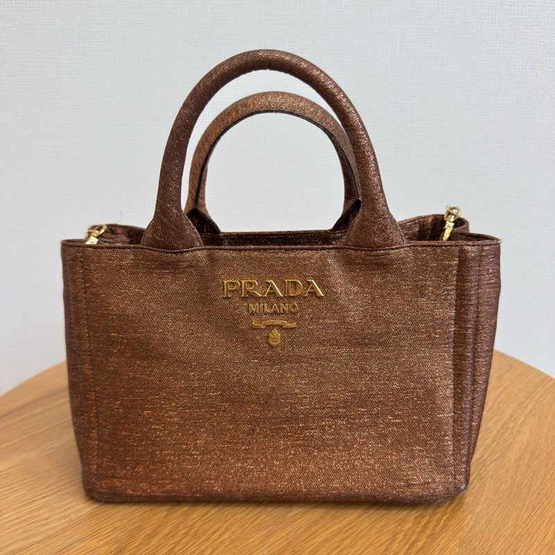 Prada Canapa Chain Bag Shoulder Bag Gold Lame Canvas Leather
