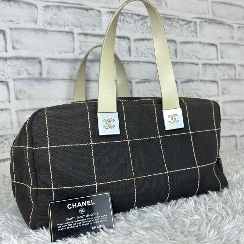 Chanel Chocolate Bar Boston Bag Canvas Leather Black White Handbag Silver