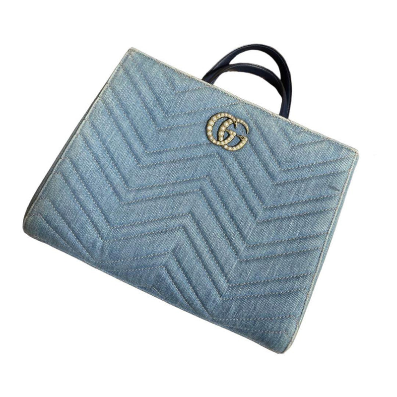 Gucci Gg Marmont Tote Bag Denim Leather Blue Gold Hardware