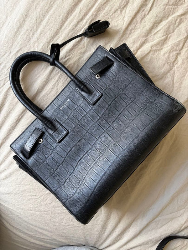 Saint Laurent Sac De Jour Baby Handbag Leather Black Crocodile Embossed