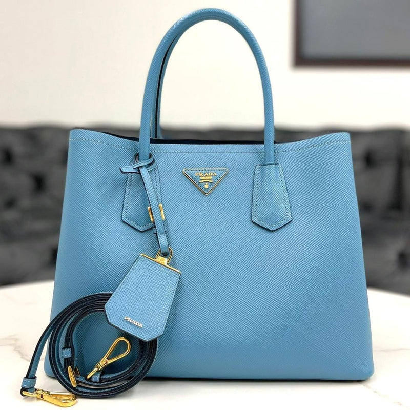 Prada Saffiano Cuir 117 2-Way Handbag Blue-gray Leather Gold Hardware