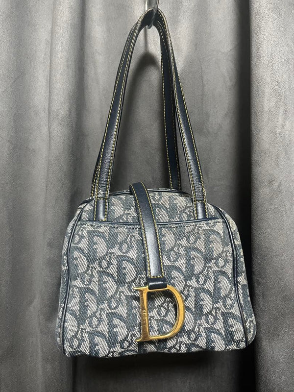 Trotter Handbag Canvas Navy Gray Logo Hardware