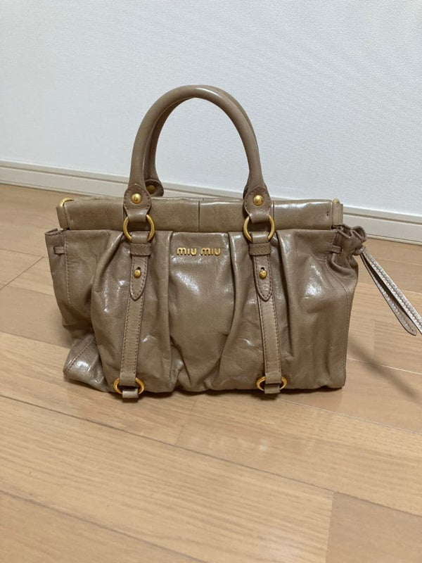 Miu Miu Vitello Lux 2-Way Shoulder Bag Handbag Leather Cammeo Beige Pink