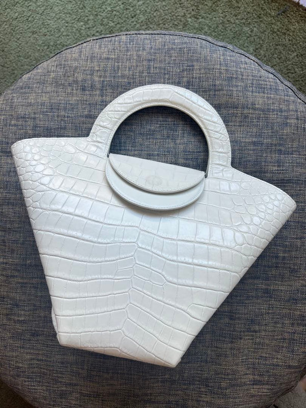 Bottega Veneta Crocodile Embossed Handbag Tote Leather White