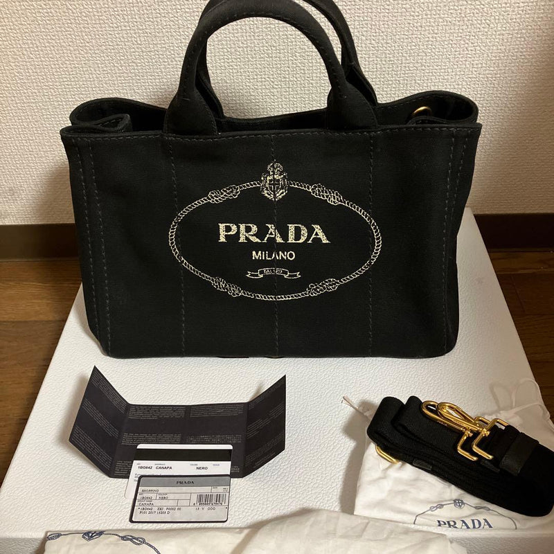 Prada Black Canvas Handbag Tote Shoulder Bag